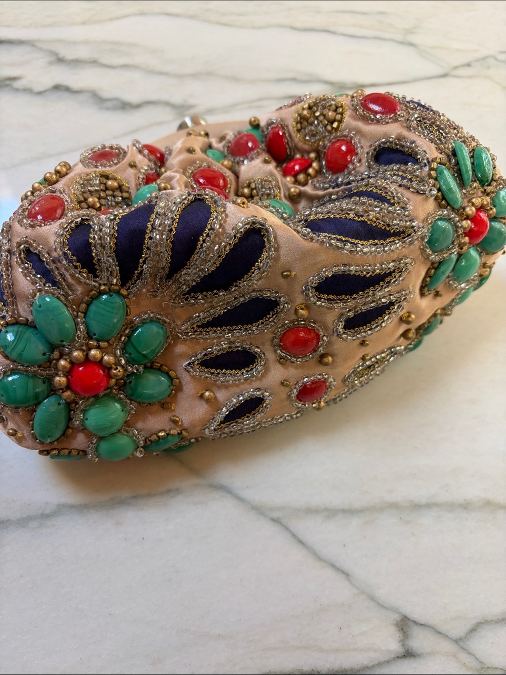 Santo beaded Embellished Floral Clutch, Beige, Turquoise & Red & Navy w chain - Picture 7 of 11